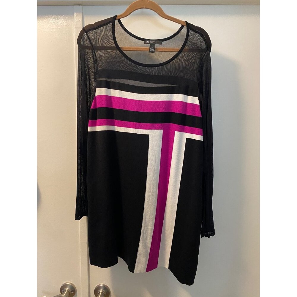 INC Illusion Sleeve Sheath Dress Color-blocked design Black White Magenta IX